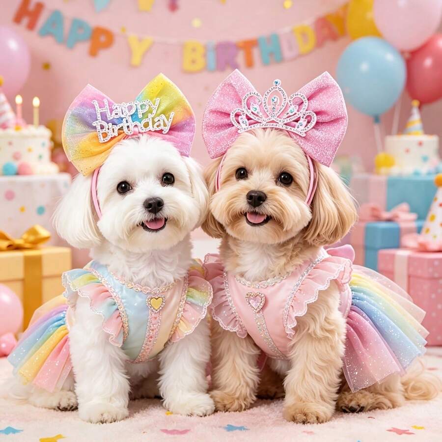2PCS Happy Birthday Bow Dog Headband, Adjustable Pet Collar, Suitable For Small And Medium Sized Dogs And Cats, Pink Birthday Party Dress Up, Gradient Bow Colors Randomly Available - Multicolor - View 1