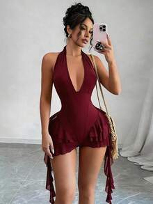 Vestido mini tipo body con cuello halter y escote en V profundo para mujer, con borlas largas irregulares, volantes de malla y sin mangas, ideal para discotecas. - Rojo - Ver 1