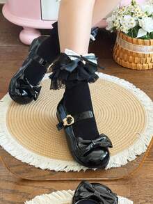 1 Pair Girls Spring/Summer Thin Lace Trim Bow Mid-Calf Socks, Versatile JK Style - Black - View 3