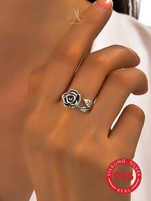 1pc Vintage Chic Niche Unique 925 Silver Rose Flower & Leaf Open Ring, Versatile For Women, Suitable For Vacation, Party, Daily Wear, Valentine's Day Gift - Silver - View 7