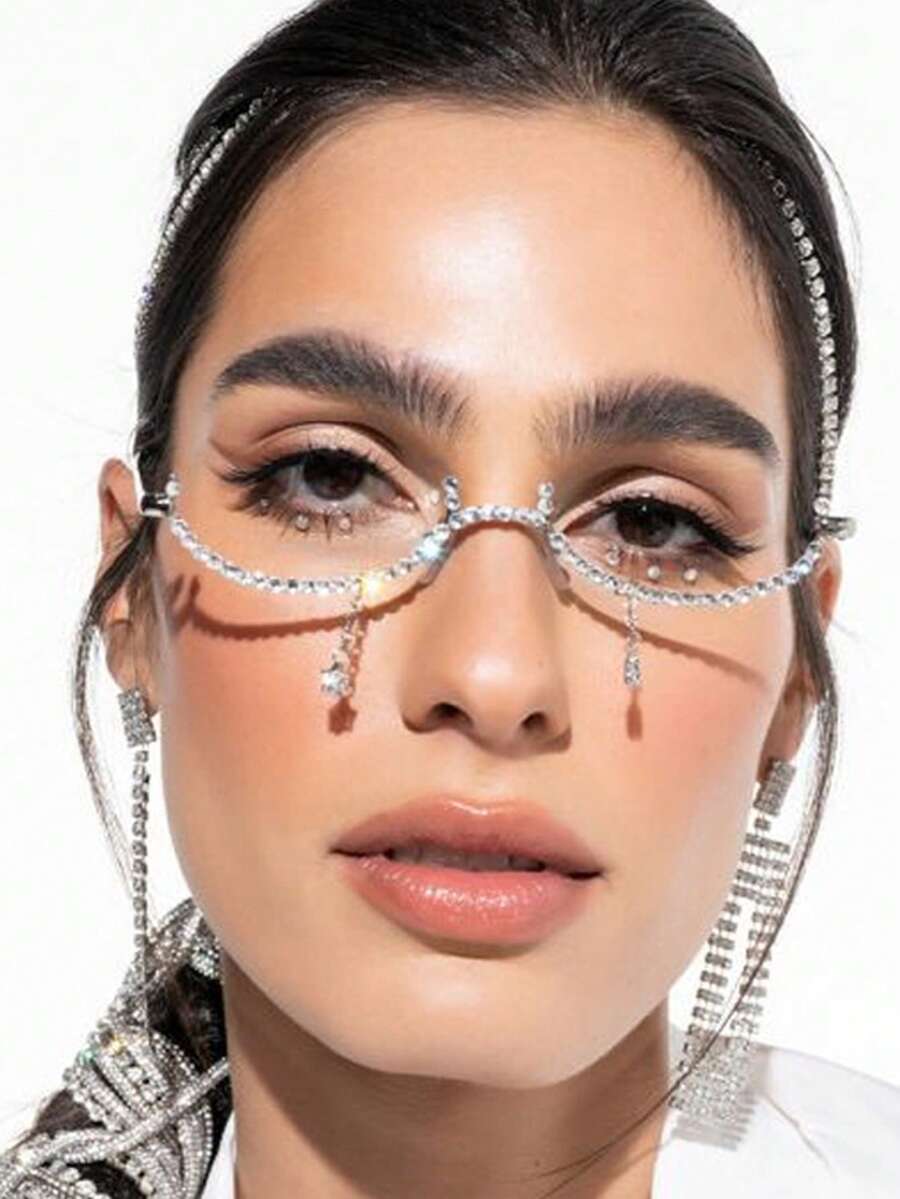 European And American Hot-Selling Sparkling Crystal Glasses Frames For Women, High-End Party Photo Prop Rhinestone-Studded Rimless Glasses Frames - Multicolor - View 1