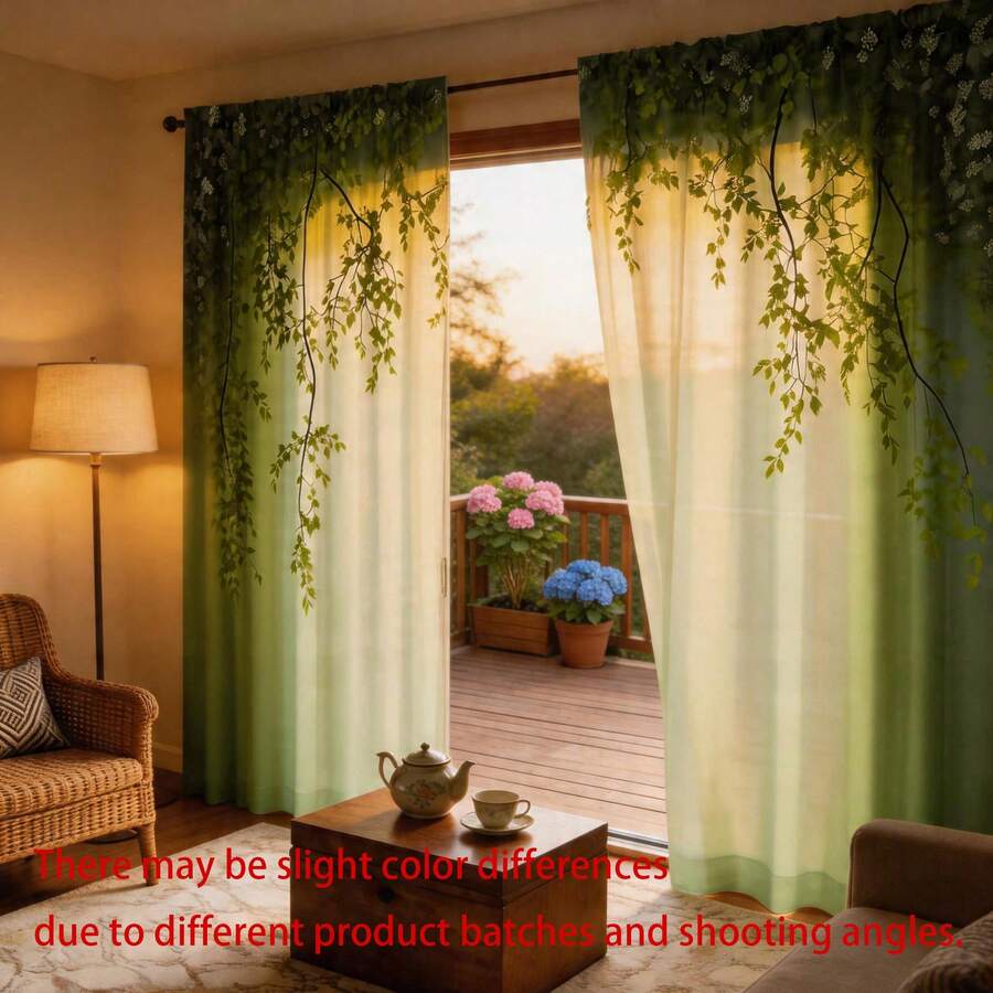 2pcs Fresh Green Vine Leaf Semi-Sheer Curtains, Polyester Material, Hand Washable And Machine Washable. No-Drill Rod Pocket Hanging Style. Spring Style, Suitable For Bedroom, Living Room And Kitchen, Perfect For Home Decor And Room Divider.