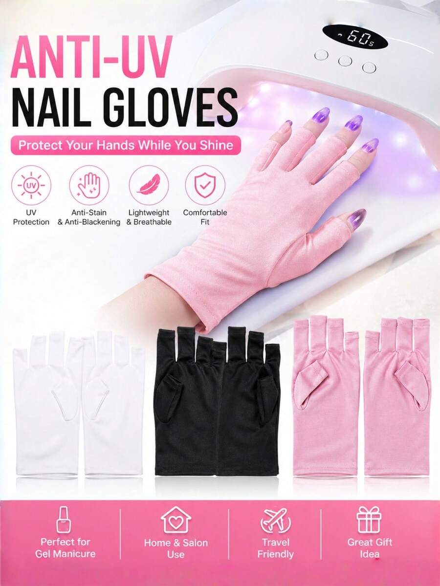 1 Pair UV Protection Gloves For Nail Lamps, Anti-UV Sun Protection Gloves For Gel Nails, Full Finger Nail Safety Gloves, Professional Nail Accessories For UV/LED Lamp Protection, Sunscreen, Sunshade, Driving, Outdoor Travel, Perfect For Nail Technicians, DIY Enthusiasts, Beauty Lovers, Great Gift For Valentine's Day And Mother's Day - Pink - View 1