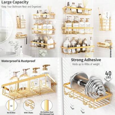 5 Pack Shower Caddy Organizer Rack Shelf For Inside Shower, Self Adhesive Wall Storage Basket Rustproof Stainless Steel Shampoo Holder Bathroom Accessory Decor Set