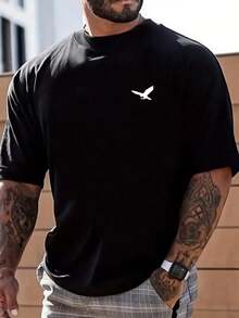 Camiseta casual de manga corta y cuello redondo con estampado de águila para hombres de talla grande de verano - Negro - Ver 1