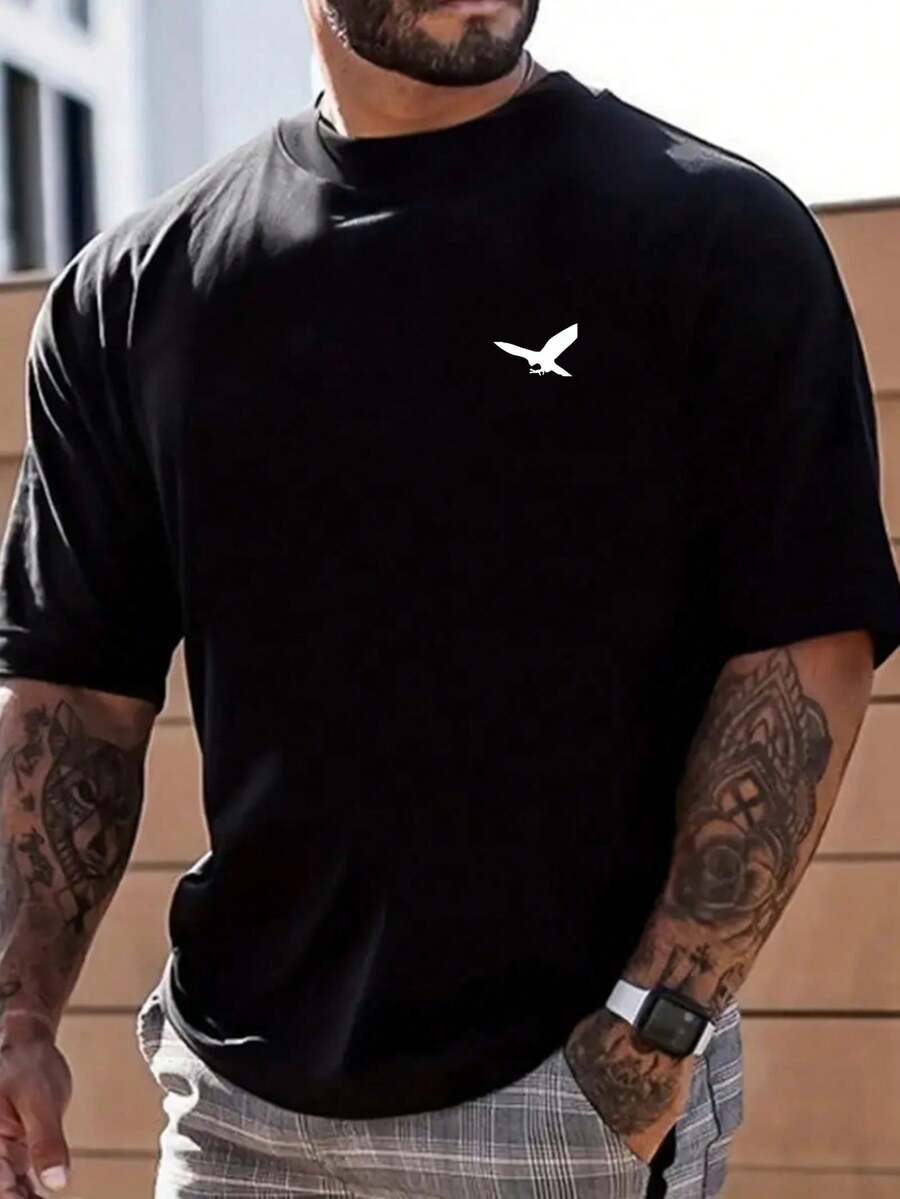Camiseta casual de manga corta y cuello redondo con estampado de águila para hombres de talla grande de verano - Negro - Ver 1