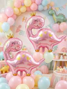 2pcs Large Crown Pink Long Neck Dinosaur Foil Balloons, Valentine's Day Birthday Wedding Dinosaur Theme Party Decoration Balloon Set - View 1