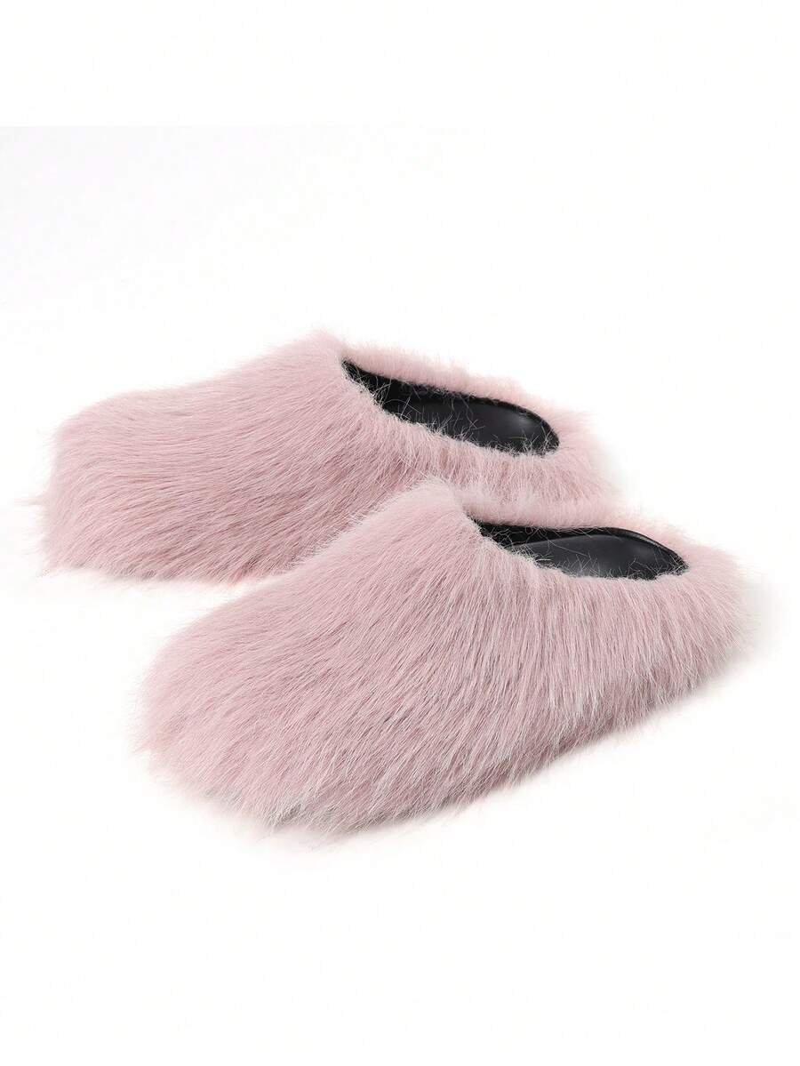 Womens Faux Fur Slippers Round Toe Fuzzy Fluffy Flat Warm Furry Bedroom Slipper Home Slides Thick Plush Indoor Outdoor Flat Summer Sandals For Women - 粉紅毛茸茸 - 查看 1