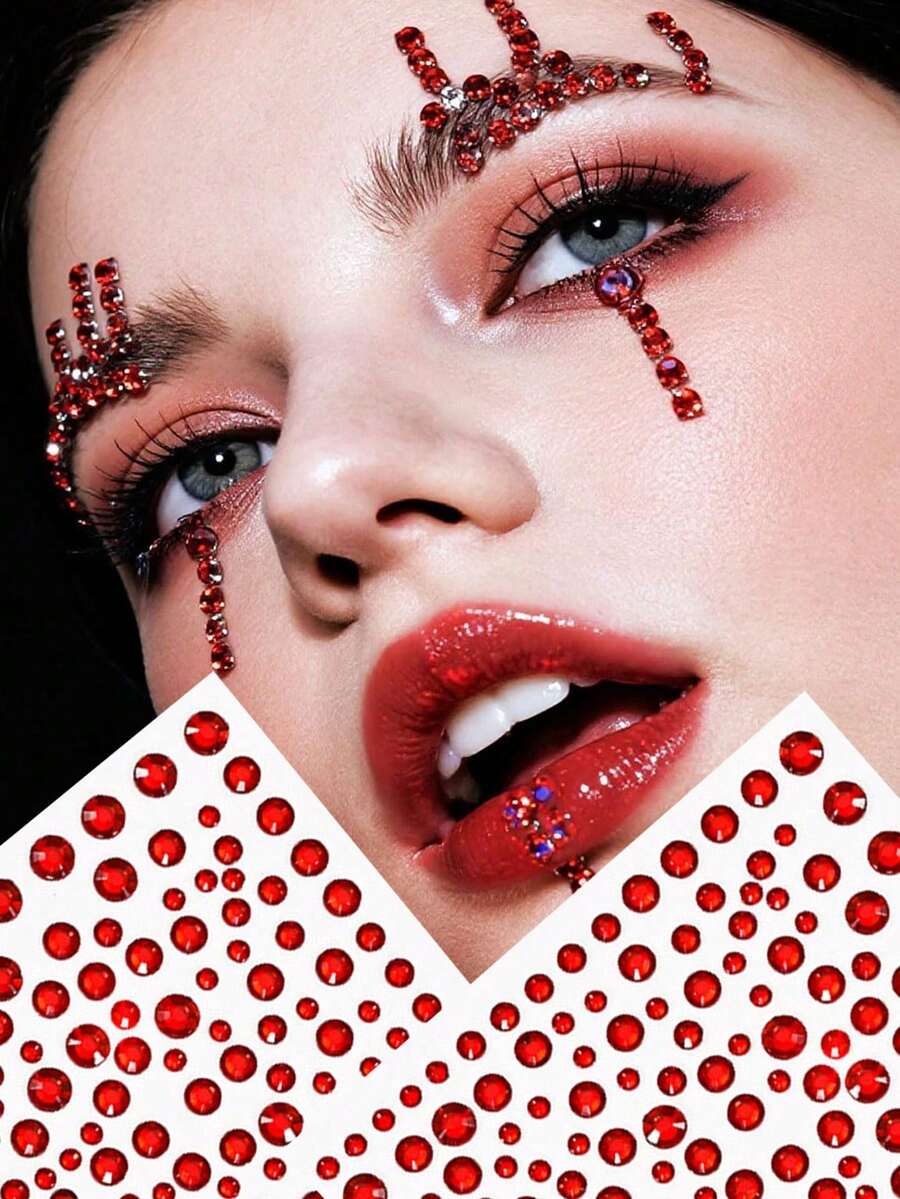 2 piezas Gemas de Body brillantes con rhinestones rosas, pegatinas de joyas 3D para maquillaje de fiesta, accesorios, pegatinas de rhinestones para estilo Y2K, festival de música, - Dorado - Ver 1