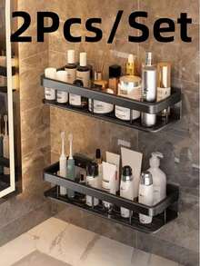 2pcs Large Capacity Wall-Mounted Bathroom Storage Rack, No Drilling Required, Space-Saving, Easy Installation, Can Store Toiletries, Cosmetics, Shampoo And Body Wash, Durable Load-Bearing Plastic Material, Shower Caddy - Black - View 9