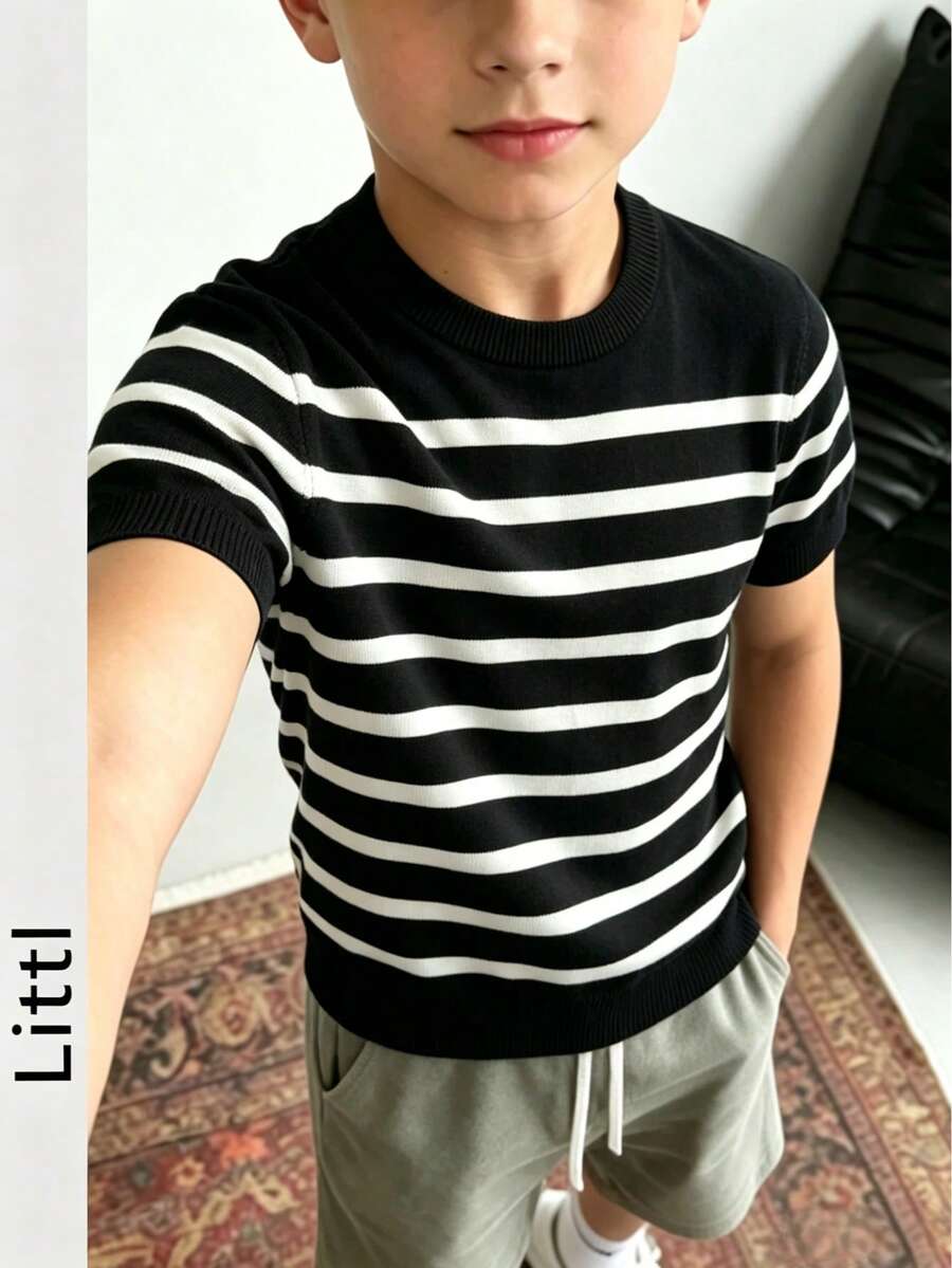 男童經典黑白條紋針織短袖T恤,圓領修身基本款休閒夏季兒童針織上衣 - 黑色 - 查看 1
