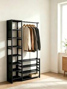 Multifunctional Metal Garment Rack With Multi-Tier Shoe Shelves & Side Storage, Space-Saving Freestanding Coat Organizer For Bedroom, Entryway, Dorm & Apartment, To Hang Clothes And Store Footwear & Daily Essentials - Multicolor - View 3