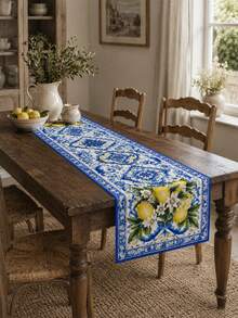 1 Piece Cobalt Blue Lemon Patterned Polyester Table Runner, Retro Ceramic Art Rectangular Table Runner, Outdoor Terrace Tabletop Decoration, Summer Mediterranean Vacation, Backyard Barbecue, Garden Party, Autumn And Winter Tabletop Decoration. - Multicolor - View 5