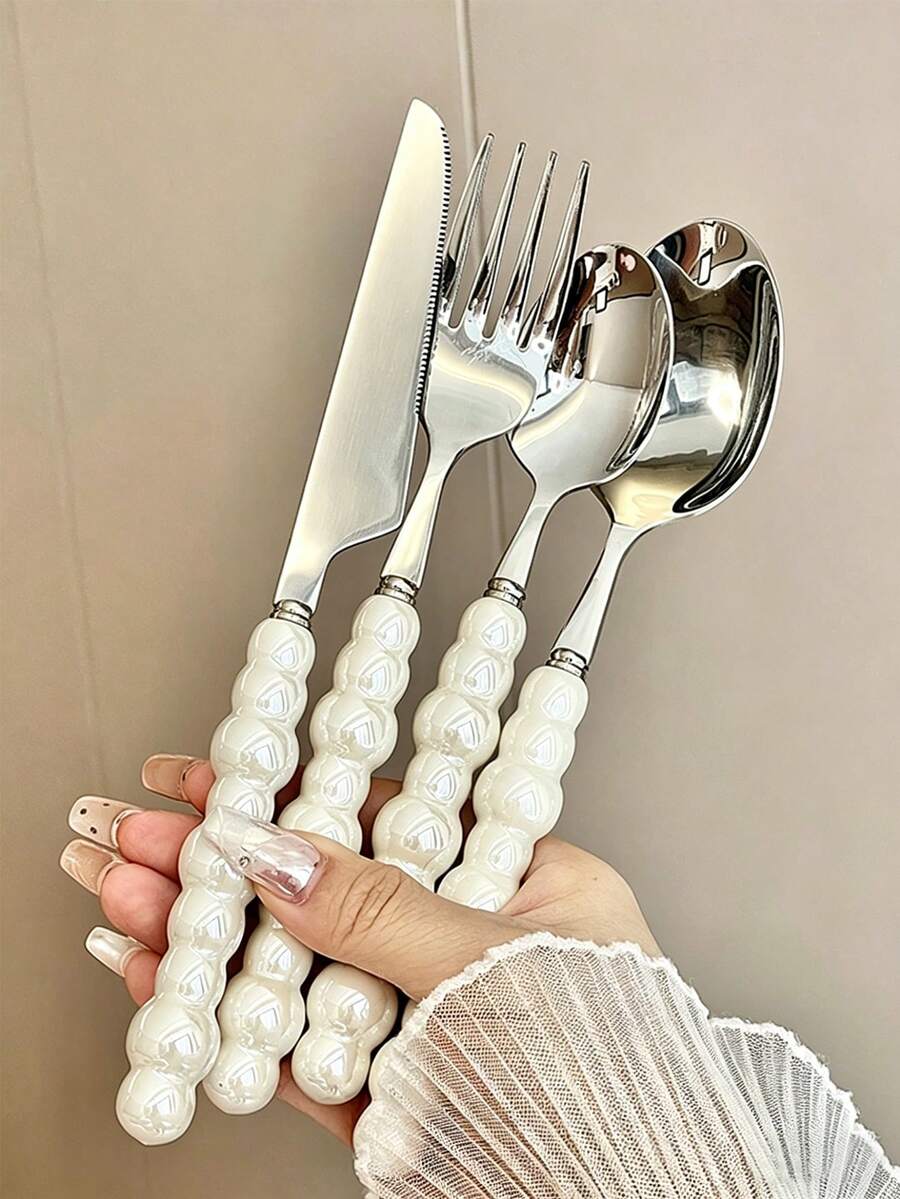 Exquisite Pearl-Shaped Stainless Steel Cutlery Set With Ceramic Handles - Knife, Dessert Spoon, Fork And Spoon. Perfect For Daily Dining, Birthdays, Parties And School - White - View 1
