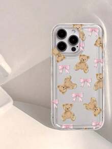 Cute Teddy Bear Pattern Printed Phone Case, Compatible With IPhone 15 13 16 Pro Max 17 Pro Max 14, Pink Bow Cute Watercolor Bear Transparent Soft Silicone Protective Cover, Y2K Aesthetic, Ado - Clear - View 1