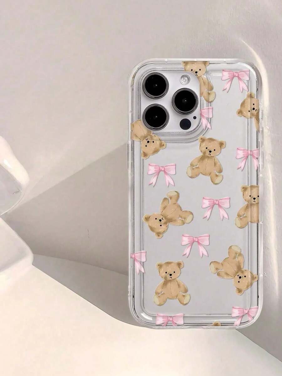 Cute Teddy Bear Pattern Printed Phone Case, Compatible With IPhone 15 13 16 Pro Max 17 Pro Max 14, Pink Bow Cute Watercolor Bear Transparent Soft Silicone Protective Cover, Y2K Aesthetic, Ado - Clear - View 1
