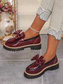 Mocasines de cuña con suela gruesa para mujer, zapatos tipo slip-on con lazo estilo preppy - Burdeos - Ver 3