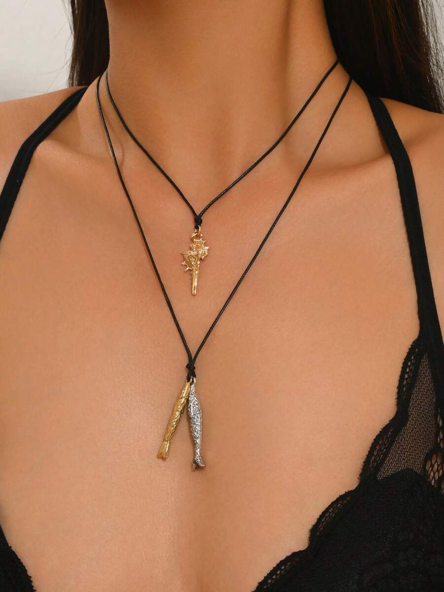 2pcs Minimalist Fish & Shell Pendant Necklace, Multi-Layered Stackable Bohemian Style Women's Beach Vacation Summer Versatile Accessory - Multicolor - View 1