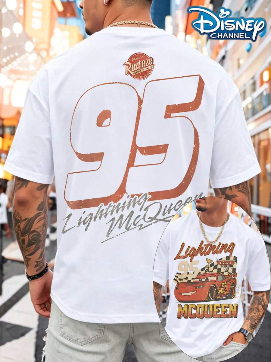 Disney Summer Men's Reversible Lightning McQueen 95 Car Graphic T-Shirt, Perfect For Movie Fans' Everyday Casual Wear - 白色 - 查看 1