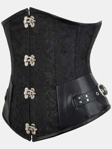 Black Dark Pattern Jacquard Rivet Waist Cincher Corset With Front Metal Hooks And Back Lace-Up Boning Waist-Shaping Gothic Punk Waist Trainer Vest - Black - View 3