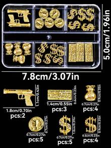 25件裝迷人精緻Y2K風格金屬合金沙漠之鷹手槍、美金硬幣、鈔票、錢袋美甲裝飾配件，閃亮水鑽金屬美甲裝飾配件，無味3D金屬美甲配件，次文化辣妹風，Y2K風格，日韓奢華風，金屬底手機殼裝飾，手工DIY假指甲貼片手機殼裝飾配件，美甲用品，水鑽合金與裝飾 - 金色 - 查看 6