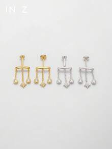 IN Z 1pc Romantic Triple Tassel Eight-Pointed Star Zirconia Inlaid Ribbed Stud Earrings | 925 Sterling Silver Hypoallergenic Stud Earrings | Ear Cartilage Flat Ear Studs | Hidden Helix | Suitable For Women And Men Daily Wear | Suitable For Party Wedding Jewelry Valentine's Day Exquisite Jewelry - Multicolor - View 2
