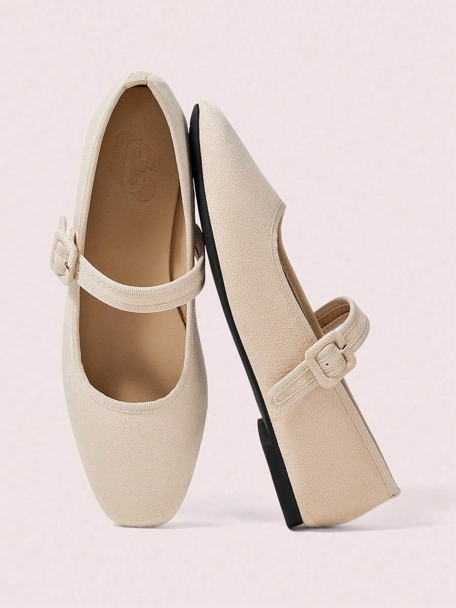 Navy Blue Suede Mary Jane Flat Shoes, Round Toe Shoe With Strap And Decorative Brooch For Office, Dates And Casual Outings, Women's Fashion - 黑色 - 查看 1