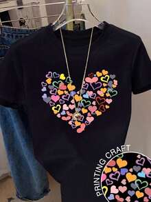 Camiseta de Mujer Manga Corta, Estampado Floral Elegante, Ajuste Casual Cómodo, Algodón Suave, Top de Verano Básico para Uso DiarioTee - Negro - Ver 1