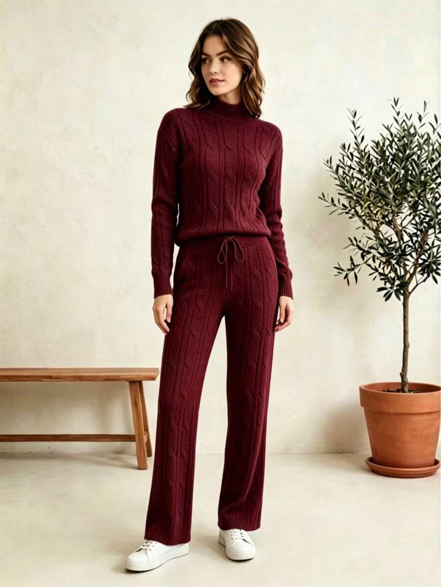 1pc Casual Blouse And Pants Set, Daily Winter Modal Knit, Classic Cable Knit - Redwood - View 1