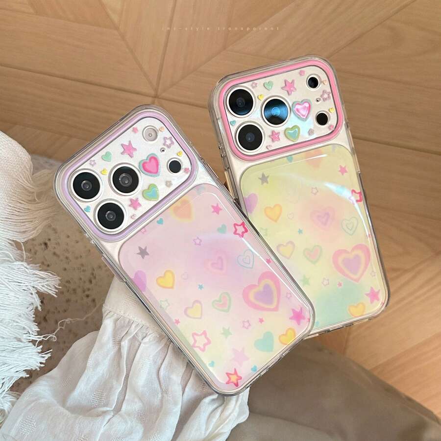 GUCADI Colorful Contrast Star And Heart Phone Case, Transparent Style For 16, Gradient Style For 14, Compatible With 15 And 17, Full Body Protection, Korean Style, Couple Style, Bestie Style, Personalized, Creative, Geometric, Fresh, Contrast Style, Niche, Style