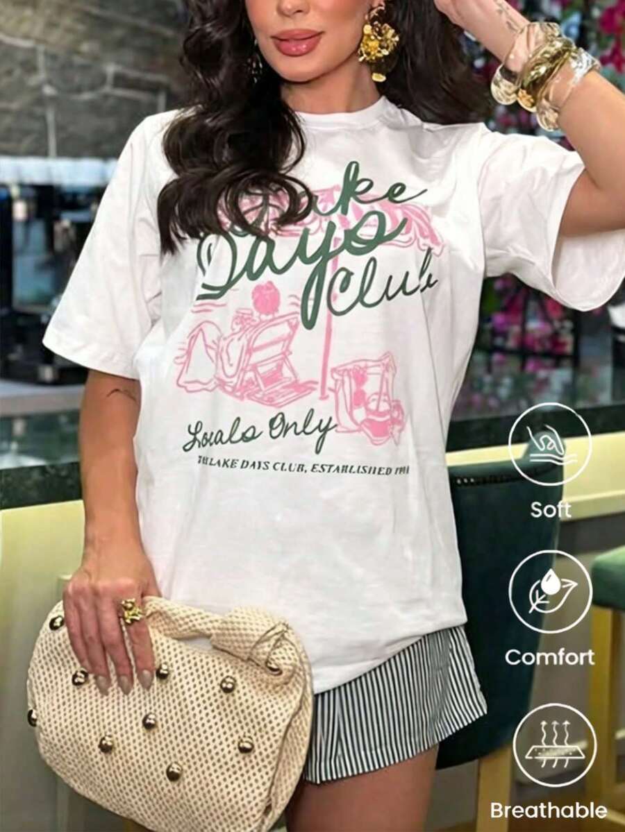 Playera blanca holgada manga corta mujer con estampado gráfico y letras estilo vacacional, tela cómoda transpirable para look casual diario y salidas de verano - Blanco - Ver 1