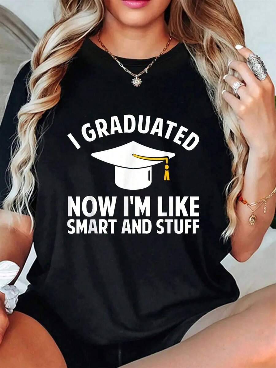 Camiseta de cuello redondo estamp para mujeres gradus con título de maestría, top casual de manga cortara la tempor de graduación