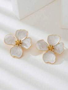 1 par de pendientes estilo vintage con pintura de arena movediza de flores, diseño exagerado de nicho con pétalos, joyería de oreja de lujo ligero de alta gama - Blanco - Ver 2