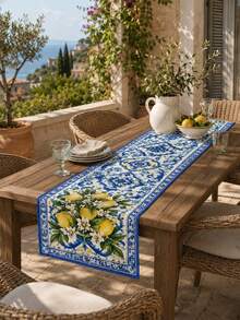 1 Piece Cobalt Blue Lemon Patterned Polyester Table Runner, Retro Ceramic Art Rectangular Table Runner, Outdoor Terrace Tabletop Decoration, Summer Mediterranean Vacation, Backyard Barbecue, Garden Party, Autumn And Winter Tabletop Decoration. - Multicolor - View 7