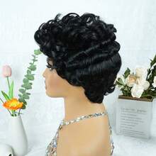 Put On And Go Chic Pixie Cut Wig With Bangs For Women 180% Density 6 Inch Short Curly Brazilian Remy Human Hair Pre-Plucked Short Bob Wigs Full Machine Made Ideal For Daily Use & Halloween And Christmas Wear - Natural Black - View 6