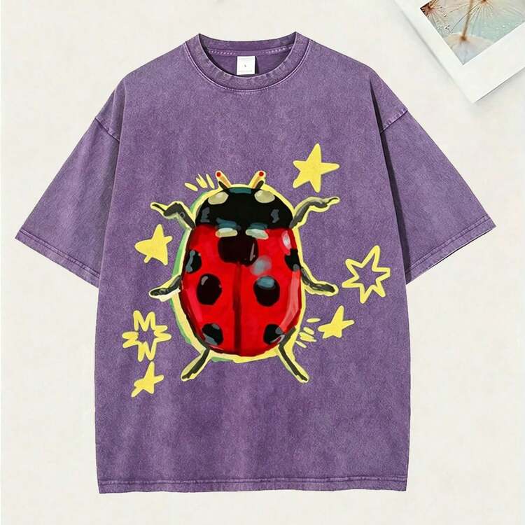 Washed Purpule Unisex Tee, Star & Ladybug Print, Vintage Distressed Style, Premium Fabric, Summer Graphic Top, Ideal For Daily Wear & Holiday Gifts - 紫色 - 查看 9
