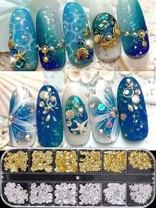 12格金銀色海洋主題美甲配件 金屬鉚釘 海星 貝殼 椰子樹 貝殼片 美甲裝飾 夏日海洋風美甲用品 美甲飾品 - 彩色 - 查看 5