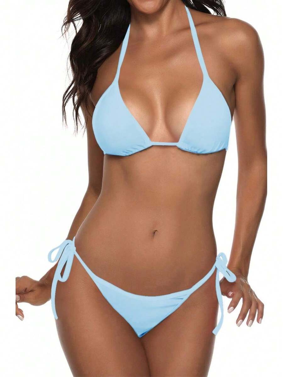 Women Two Piece Swimsuit Sexy Swimwear Halter String Triangle Bikini Sets - 淺藍色 - 查看 1