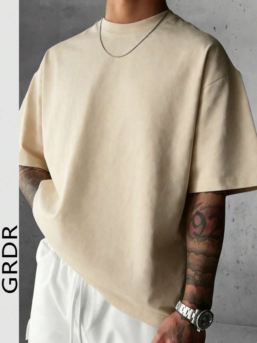 GRDR 男士纯色短袖T恤,舒适透气,适合夏季穿着 - 杏色 - 查看 1