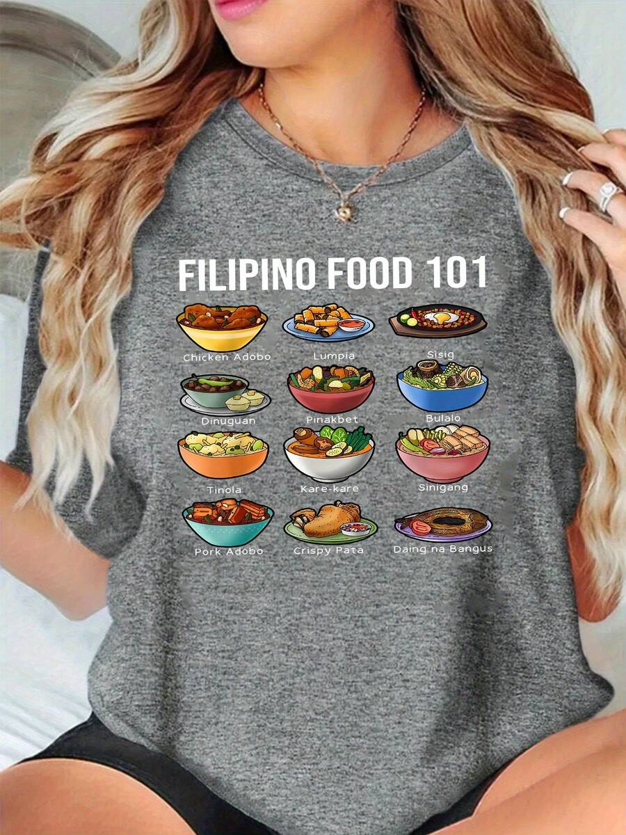 Women's Fashion T-Shirt 2026 With Filipino Food Print - Filipino Kitchen Design With Adobo, Sinigang, Lechon And More - Soft And Breathable 95% Polyester/5% Spandex, Crew Neck - Grey - View 1