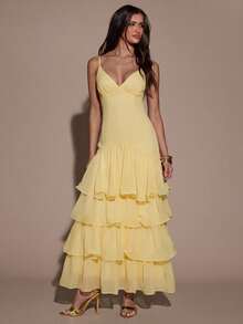 Elegantes Abendkleid in Unifarbe für Damen mit Rüschen am Saum und Spaghettiträgern - Gelb - Übersicht 1