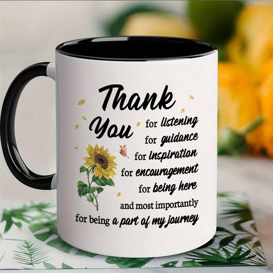 [24h Shipping From MX] Maustic 11oz Thank You Mug - Sincere Appreciation For Teacher, Mentor, Colleague, Friend - Inspirational Quote & Sunflower Design, Farewell Gift Or Recognition, Expression Of Gratitude | Stylish Contrast Handle | Durable Print Quality - 圖片1 PCS - 查看 1