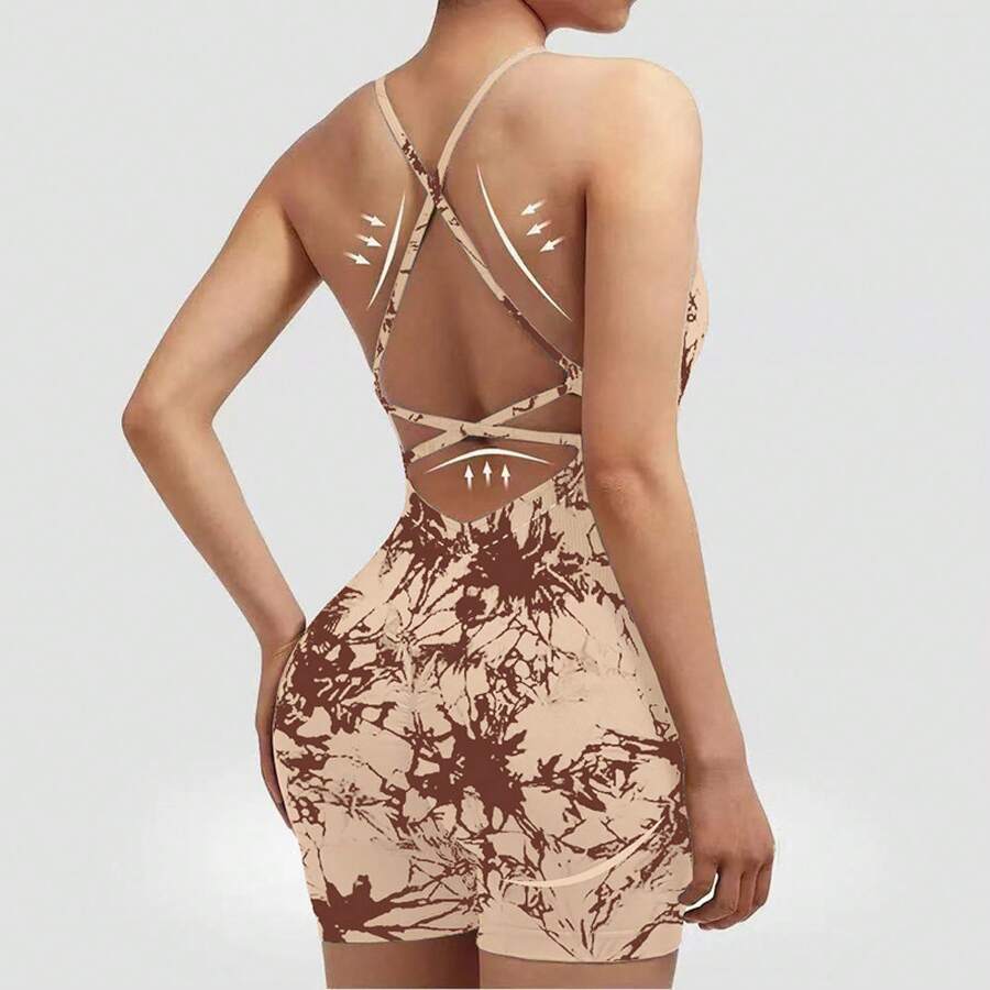 Women's Ribbed Yoga Bodysuit With Crisscross Back And Cutouts, One-Piece Sports Jumpsuit With High Cut And Butt Lifting Effect, Available In 16 Colors - 紮染卡其色 - 查看 1