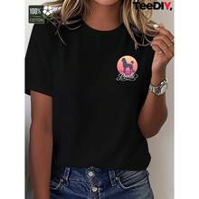 Camiseta de manga corta casual para mujer con diseño vintage de poodle y atardecer, cuello redondo, 100% pura, camisetas con estampado gráfico, uso diario, el mejor regalo - [Negro] - Ver 10