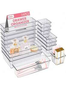 16/25PCS Caja de almacenamiento de escritorio transparente de plástico cuadrado 4 tamaños Caja de almacenamiento con cajón para cosméticos, útiles escolares, artículos de primera necesidad, caja de almacenamiento de clasificación, decoración del hogar, sala de estar, estudio, dormitorio, artículos esenciales para volver a la escuela, organizador de maquillaje - transparente - Ver 1