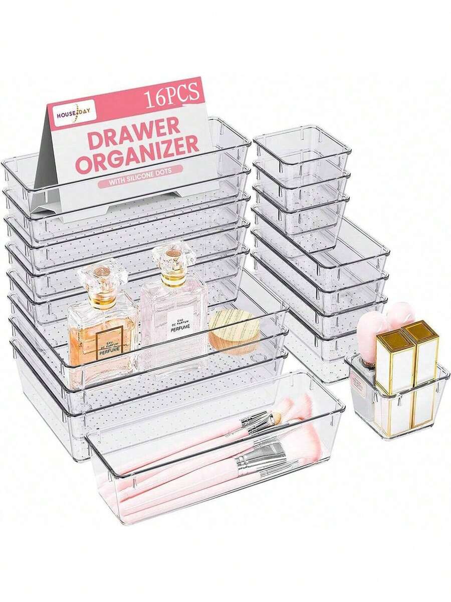 16/25PCS Caja de almacenamiento de escritorio transparente de plástico cuadrado 4 tamaños Caja de almacenamiento con cajón para cosméticos, útiles escolares, artículos de primera necesidad, caja de almacenamiento de clasificación, decoración del hogar, sala de estar, estudio, dormitorio, artículos esenciales para volver a la escuela, organizador de maquillaje - transparente - Ver 1