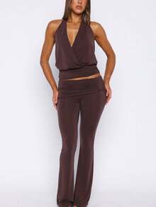 Women Cowl Neck Halter Tops Draped Front Low Cut Backless Tank Top Ruched Open Back Going Out Tops - Coffee Purple - View 5