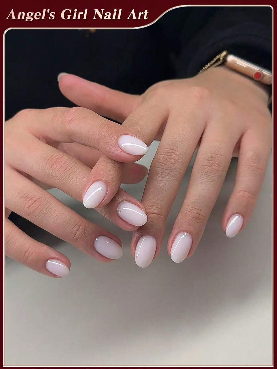 144pcs Oval Glossy Nude Short Press-On Nail Stickers, Macaron Candy White Color, Perfect Fit Acrylic Fake Nails Set, Includes 1 Bottle Of Jelly Gel And 1 Nail File, Suitable For Women And Girls For Daily Work, Study And Party DIY Nail Supplies - White - View 1