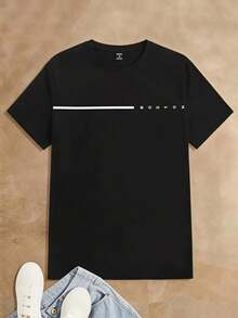 Playera negra con estampado minimalista de línea horizontal y texto BOWHOZ estilo casual moderno diseño sencillo y elegante para uso diario JI5Y - Negro - Ver 1