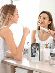 1pc Grey Transparent Toothbrush Holder, Multi-Layer Partitioned Desktop Storage Rack, 360° Rotating Base, Multi-Functional Bathroom Storage Accessory, Creative Drill-Free Bathroom Organizer, Home Bathroom Decor - Light Grey - View 9